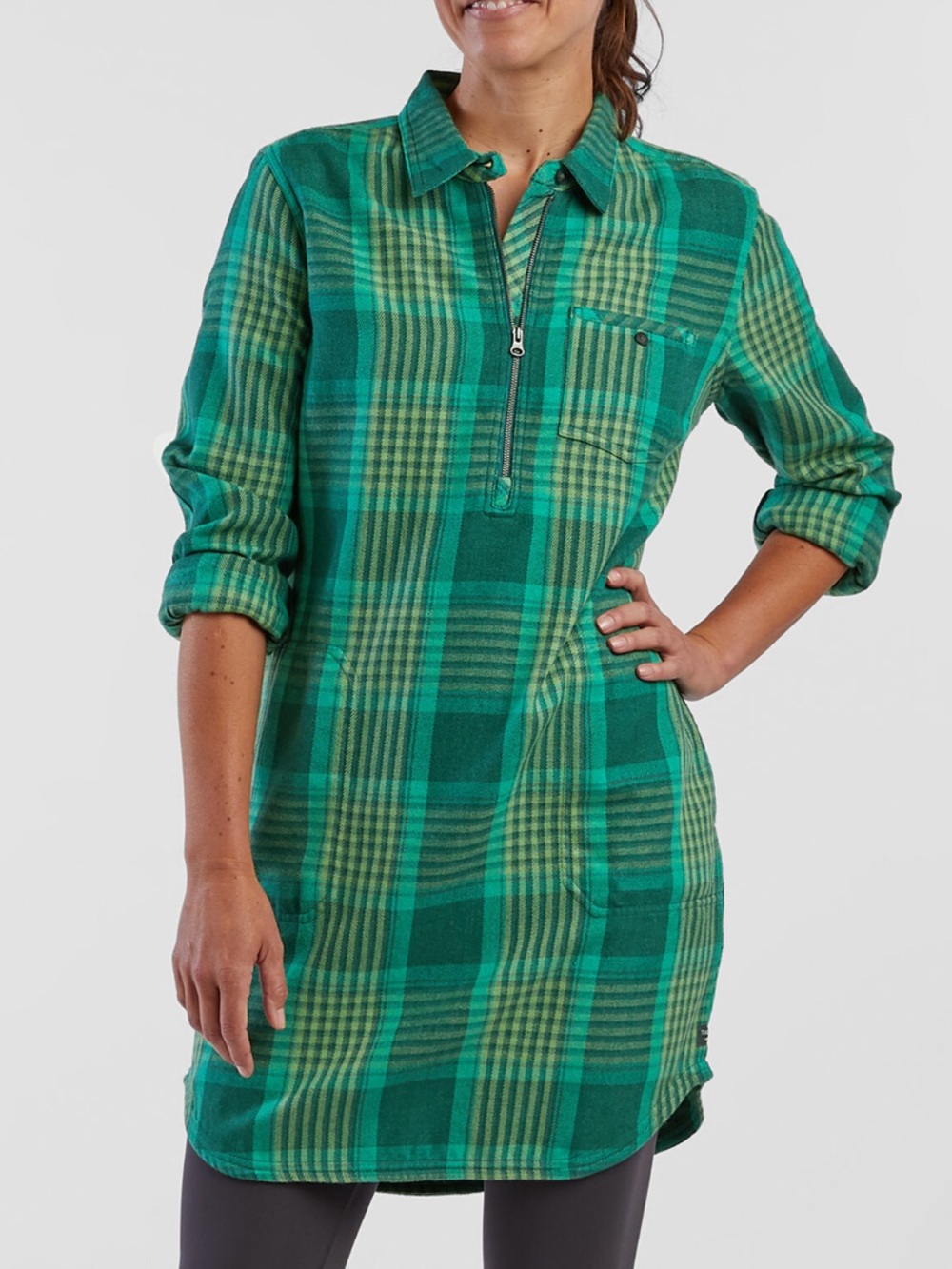 Toad&Co Green Plaid Flannel Long-Sleeve Shirt Dress. Size XL.